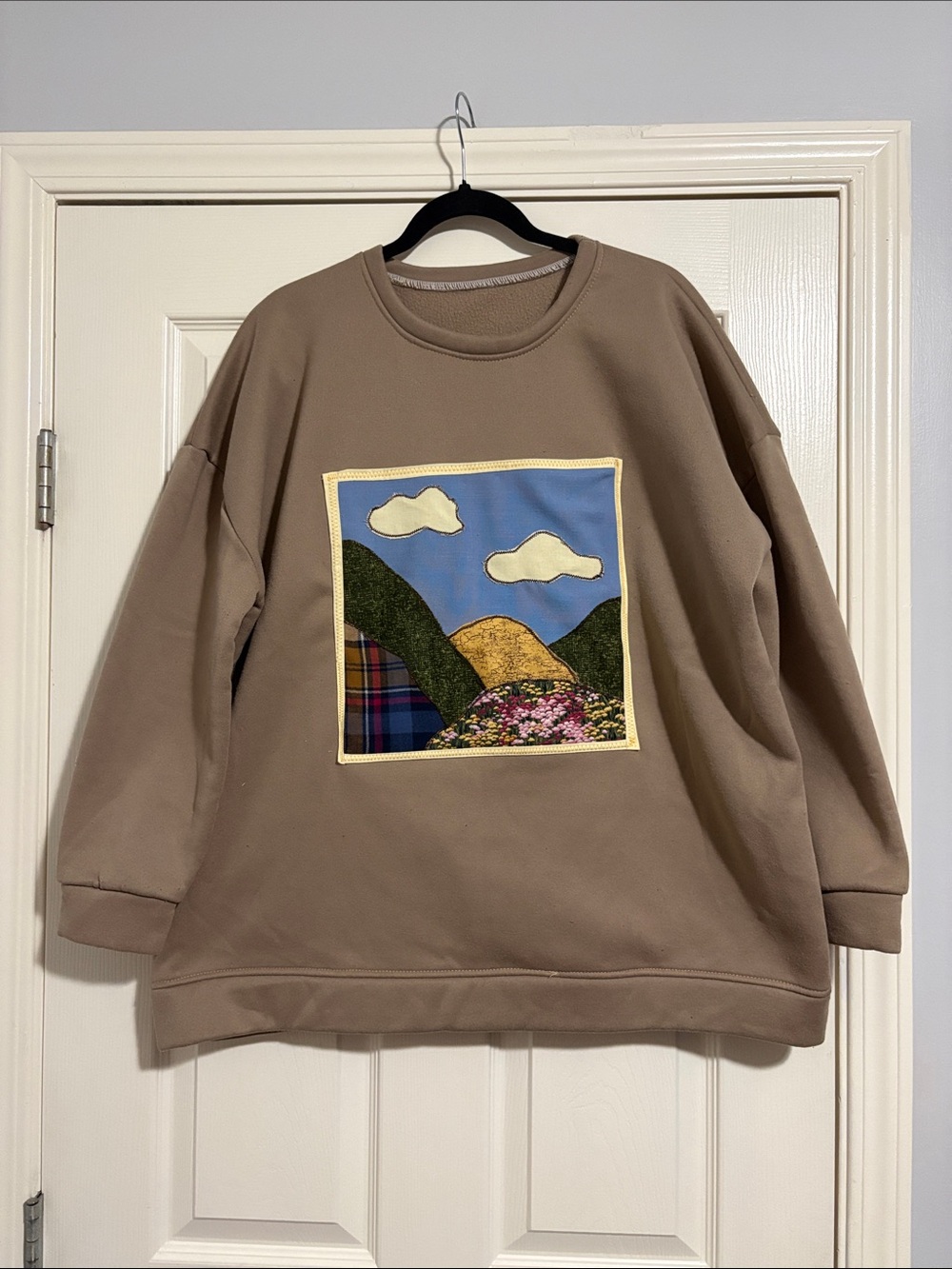 Tan Crewneck with hand quilted landscape